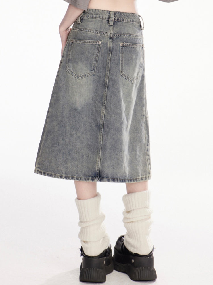 Charm Free Blue Low Rise Faded Wash Distressed Denim Skirt with