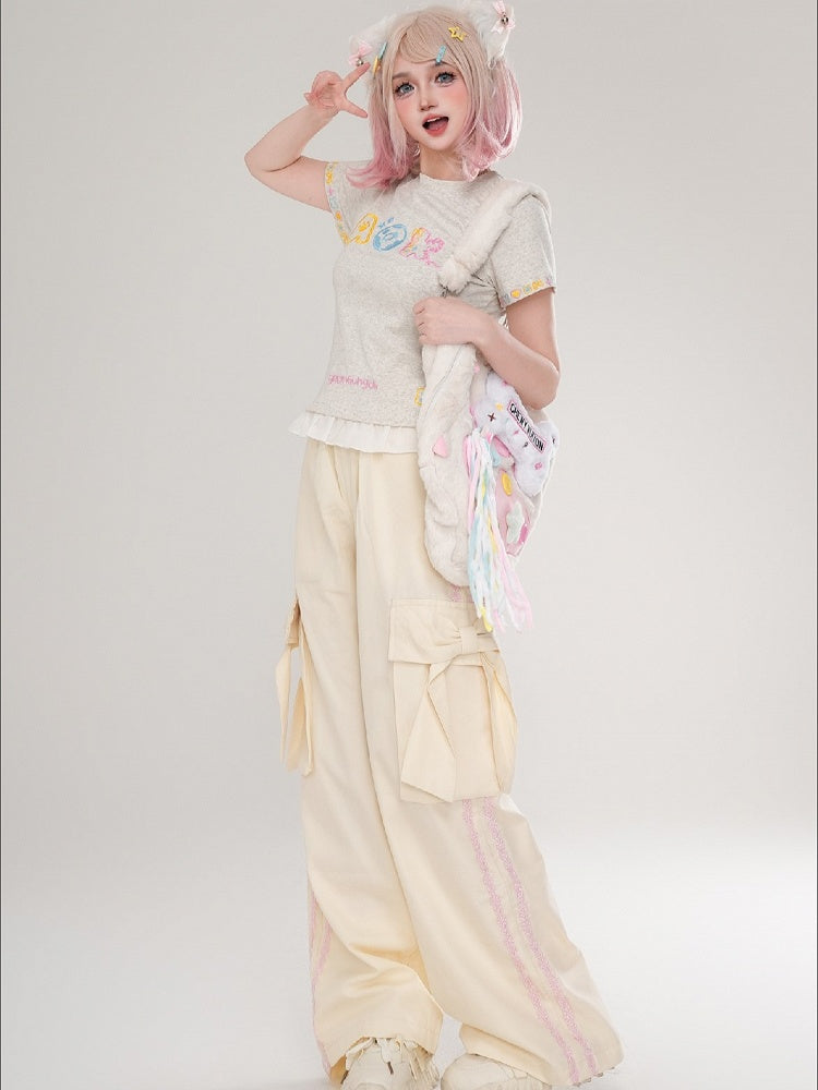Pants Floral Bow Details Straight-leg With Apricot/Black Stripes And