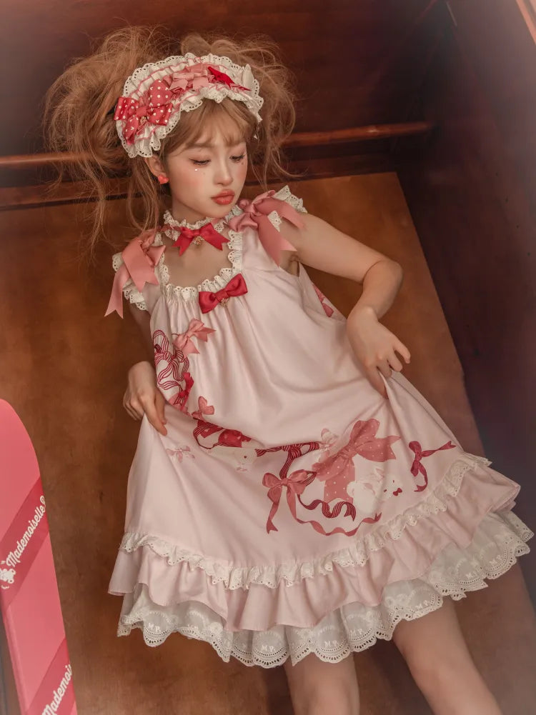 Eyelet Scalloped Sweet Pink Trimming Print Bow Dress and Lolita Bunny