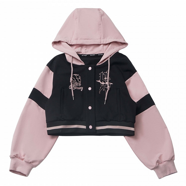 Schwarze und rosa Baseballjacke mit Kapuze, kurze/lange Version