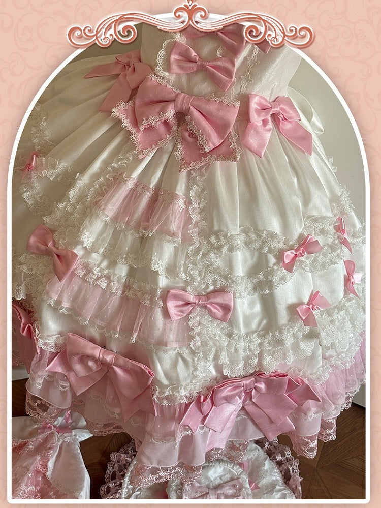 Dress High Sweet Pink with White Waist Sleeves Detachable Lolita Bow Princess Accents