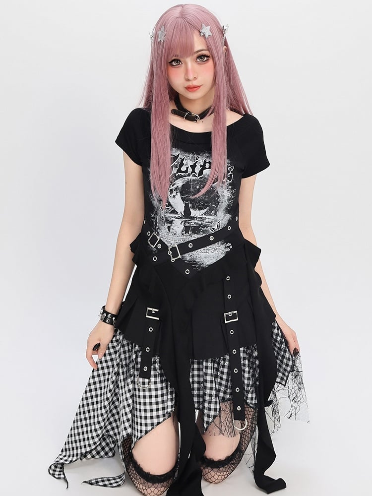 Handkerchief Hem Mesh Patchwork Y2K Black Blue/ White Plaid Skirt Black