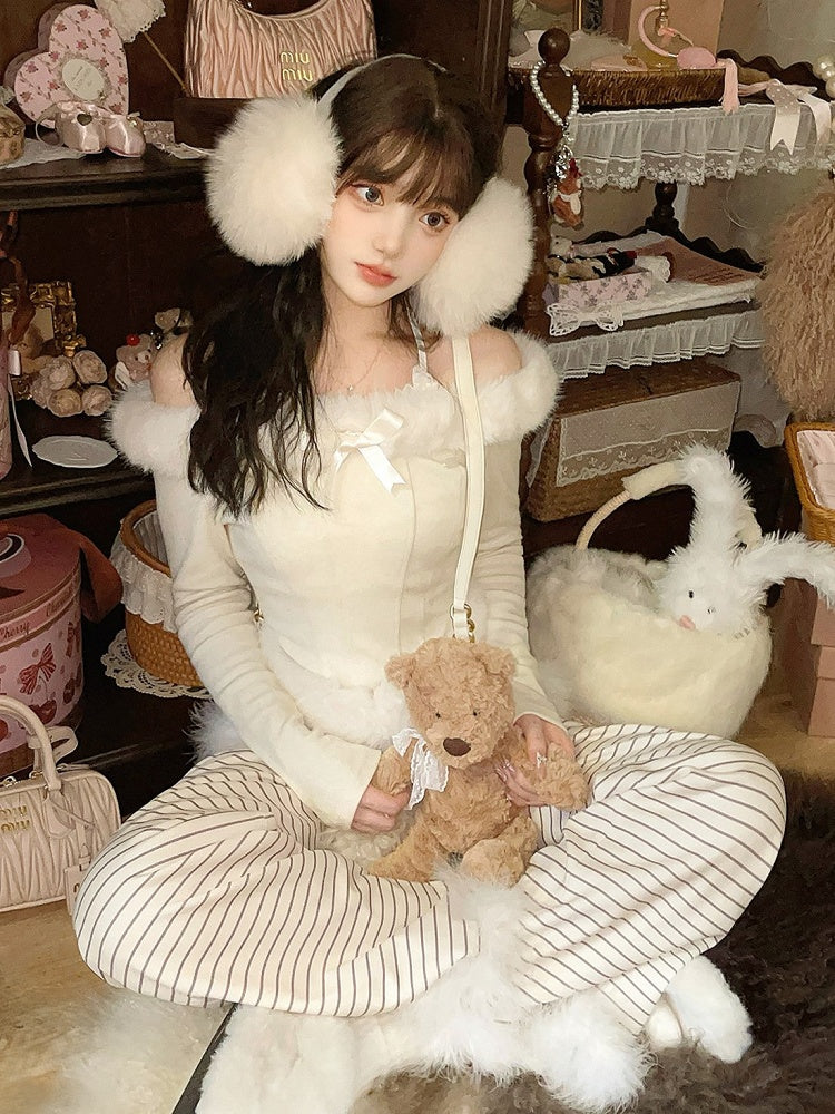Creamy Off-Shoulder Knit Top With Faux Fur Charming Bow Accent White