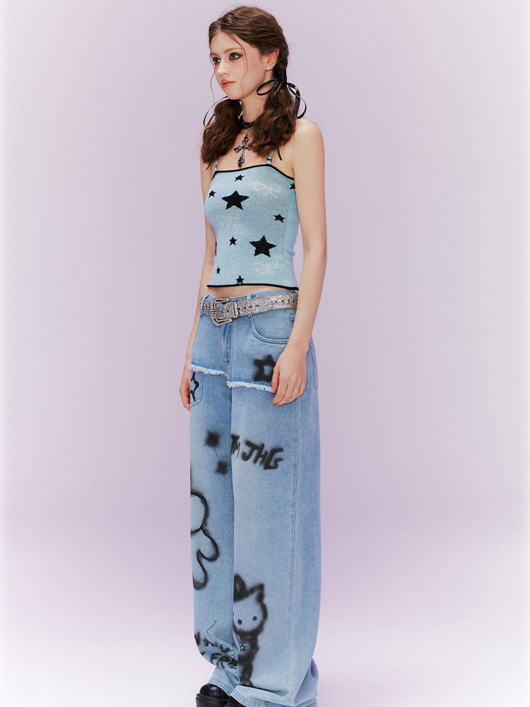 Striped Scarf Y2K Blue Star and Bow Print Cami Top with