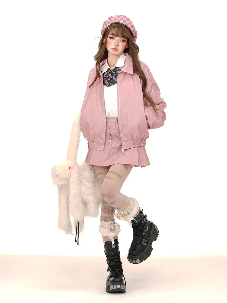 Faltenrock PU Braun/Rosa