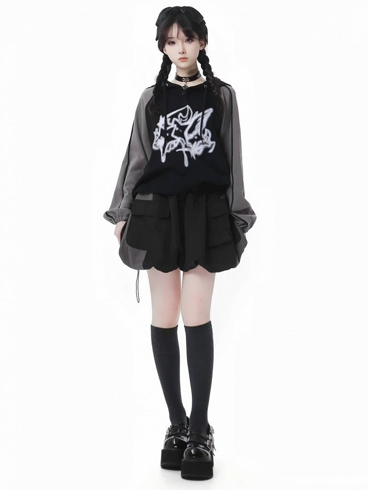 Hoodie Print Gray Colorblock Design and Star Loose Black