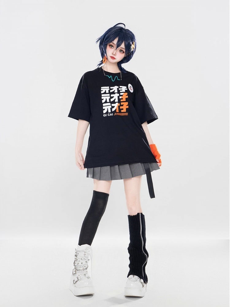 Sleeve Top Skirt Black Short Set: Belt + Full