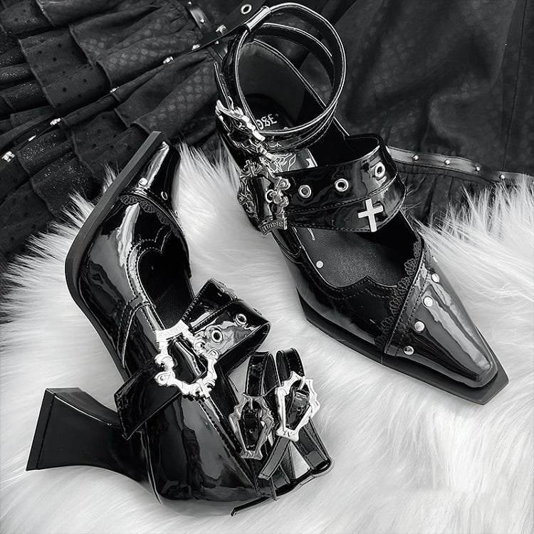 Toe Gothic Pointed Cross Punk Heels Coffin Metal in Buckles Black Block and Polished 8.5/5cm with