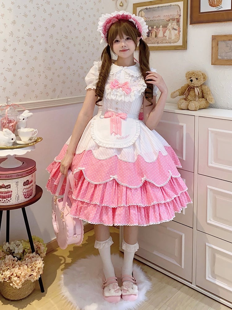 Pink Dots White Pattern Bonnet / Polka