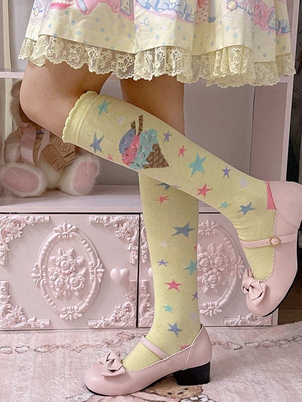 Pink/Blue/Purple/Yellow/White Star Lolita Socks Ice Design Calf Print Cream