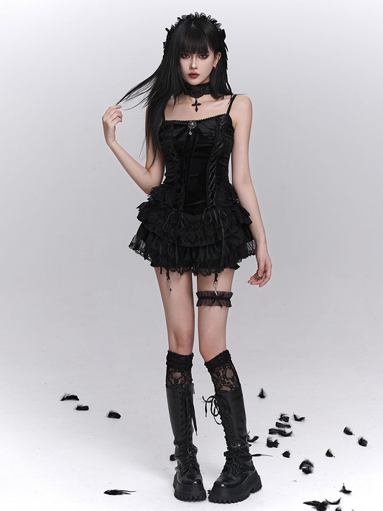Gothic Cami Top Bow Gemstone Black with Crisscross Lacing
