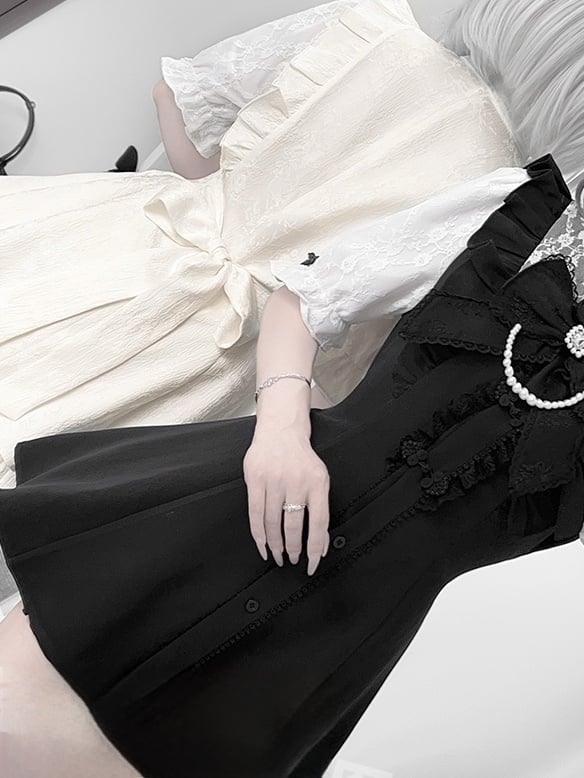 Tie+Hairclips Y2K Sleeves Dress+Shorts+Bow Kei Set-Cheongsam Collar Short White Jirai