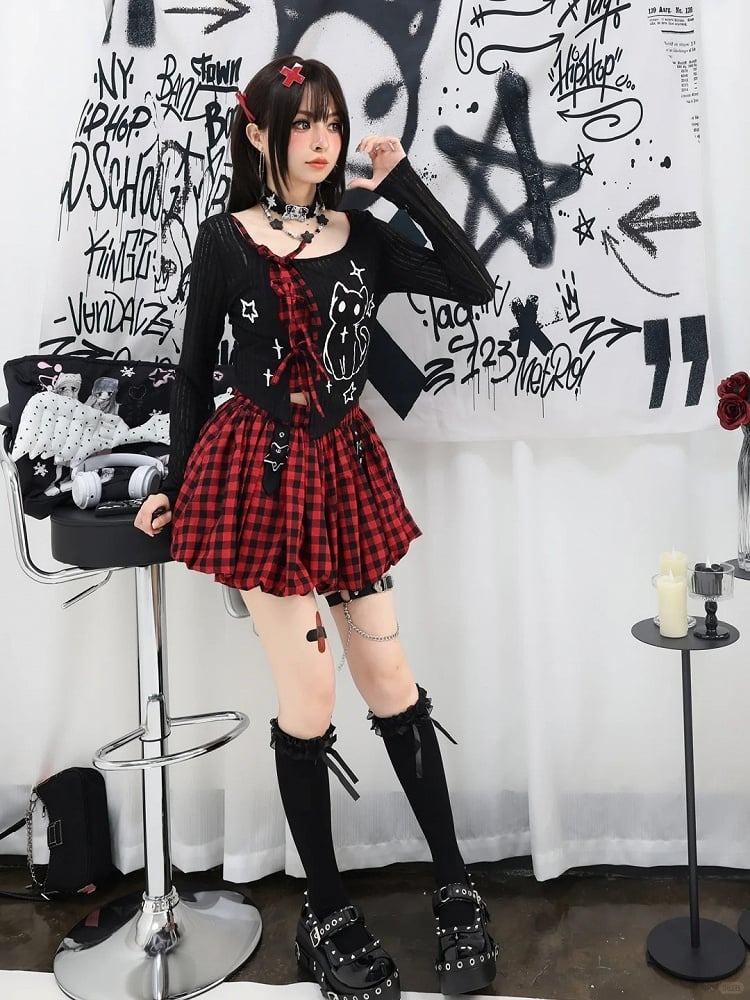 Plaid Bubble Skirt Y2K Gray / Red Star Buckles Black Black