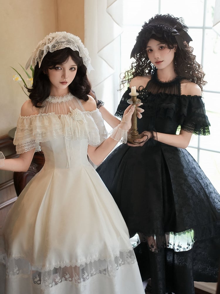 Halter Fabric Rosette Full Set Illusion Dress Jacquard Elegant White Neck