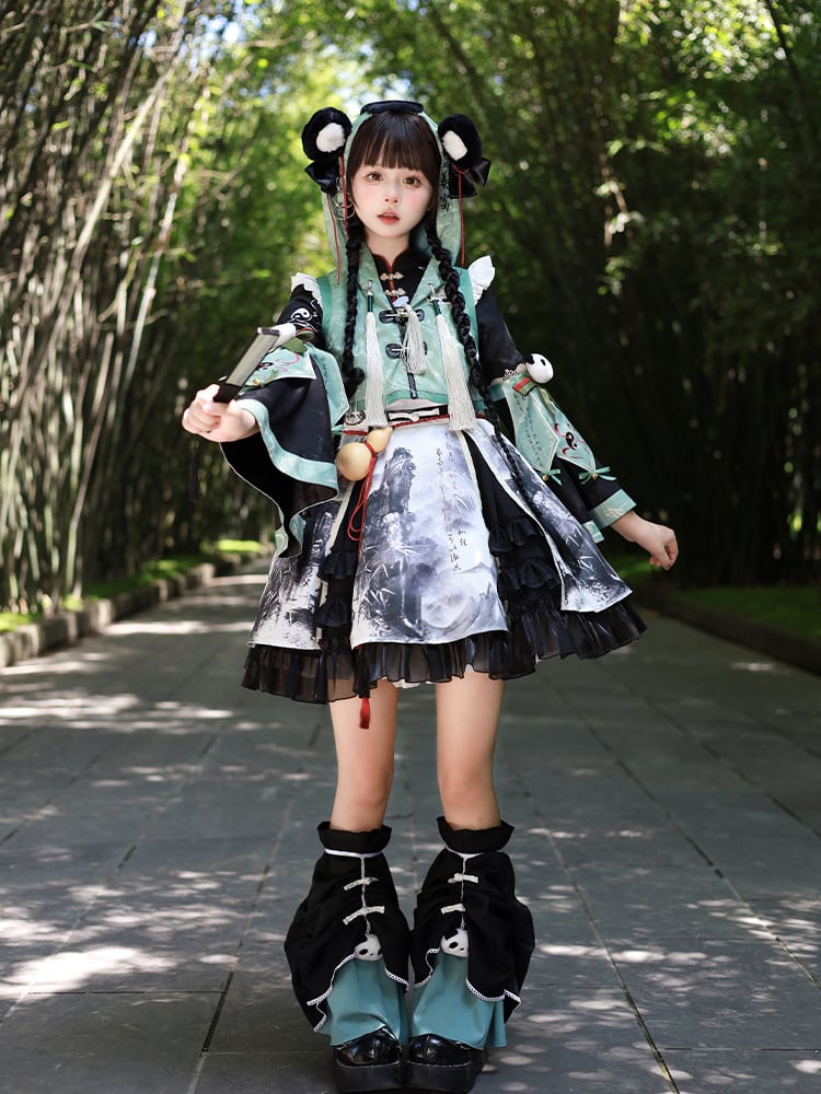 Ear with Panda-Embroidered Mint Hooded Cropped Vest and Accents Green Tassels Plush