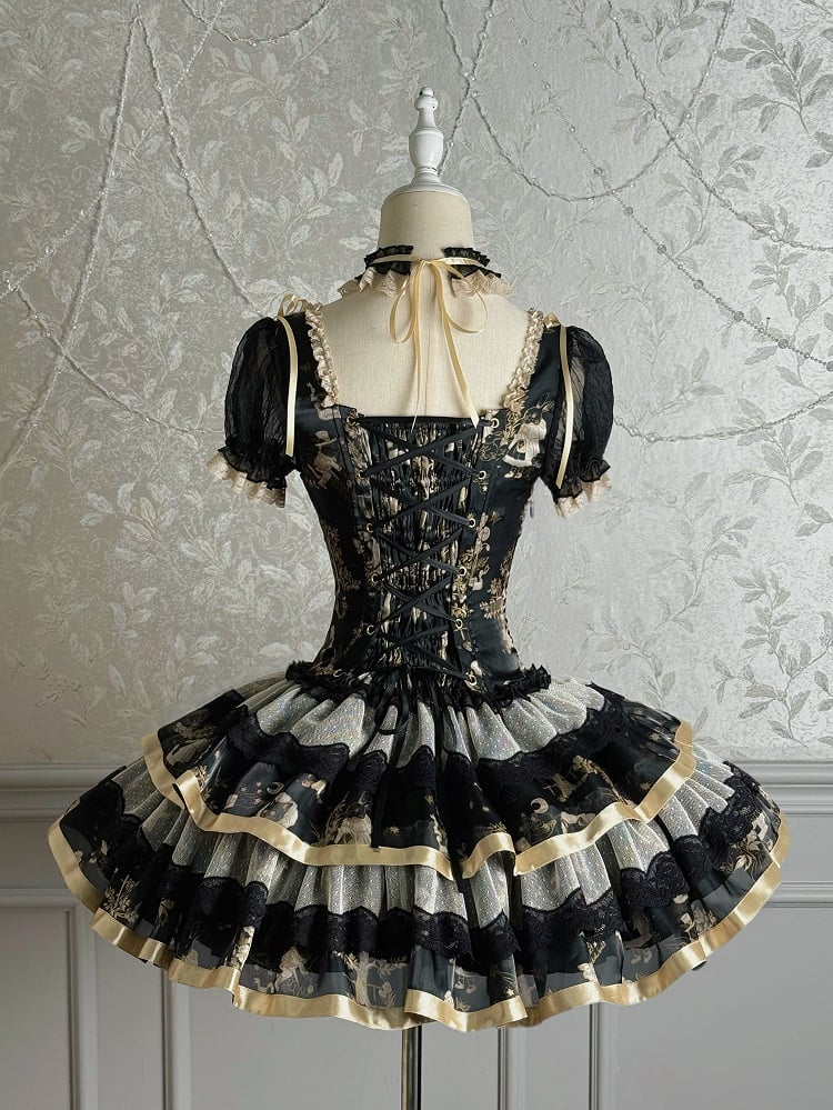 Print Puff Short Gold Dress Corset Bunny Lolita and Black Kitty Sleeves