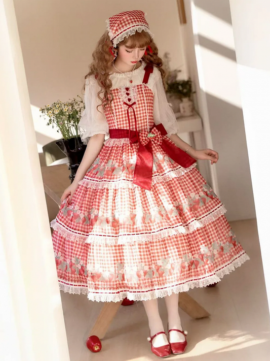 ストロベリープリントのレッドロリータピクニックギンガムドレススイートロリータジャンパースカート