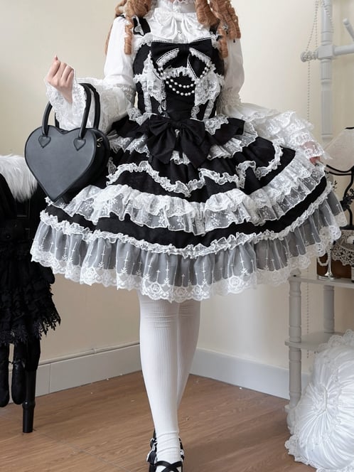 Decorated Dress Jumper Black Skirt Trims Lolita White Bows Hanayome Lace
