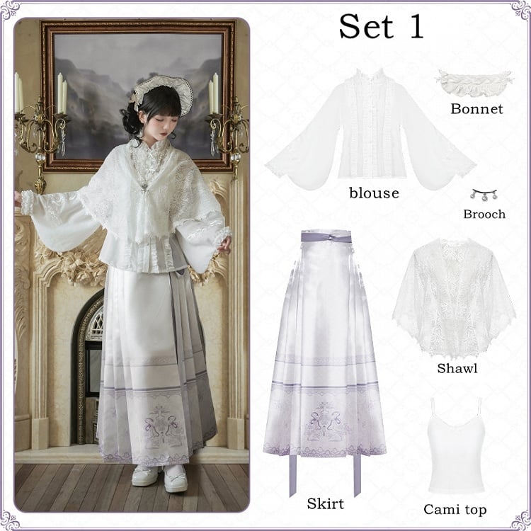 Long Skirt Floral Sleeves Purple + Lolita Print Han Horse-face and Light Blouse White Set Full Snake