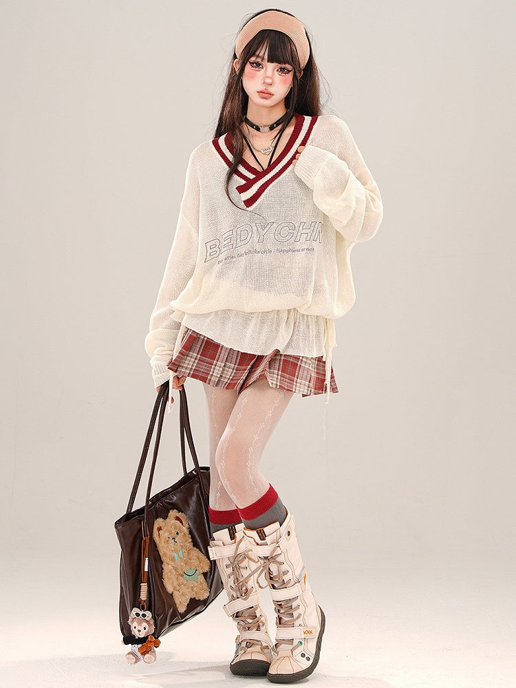 レッド/ブルーバックルプリーツチェックスカート ミニウエストハイストラップ