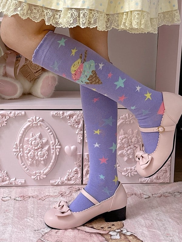 Pink/Blue/Purple/Yellow/White Star Lolita Socks Ice Design Calf Print Cream