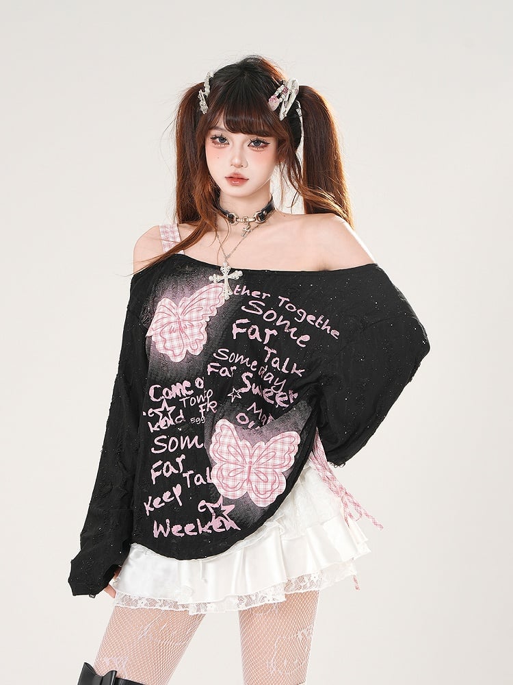 Off-the-shoulder Black/White Pink Plaid Butterfly Appliques