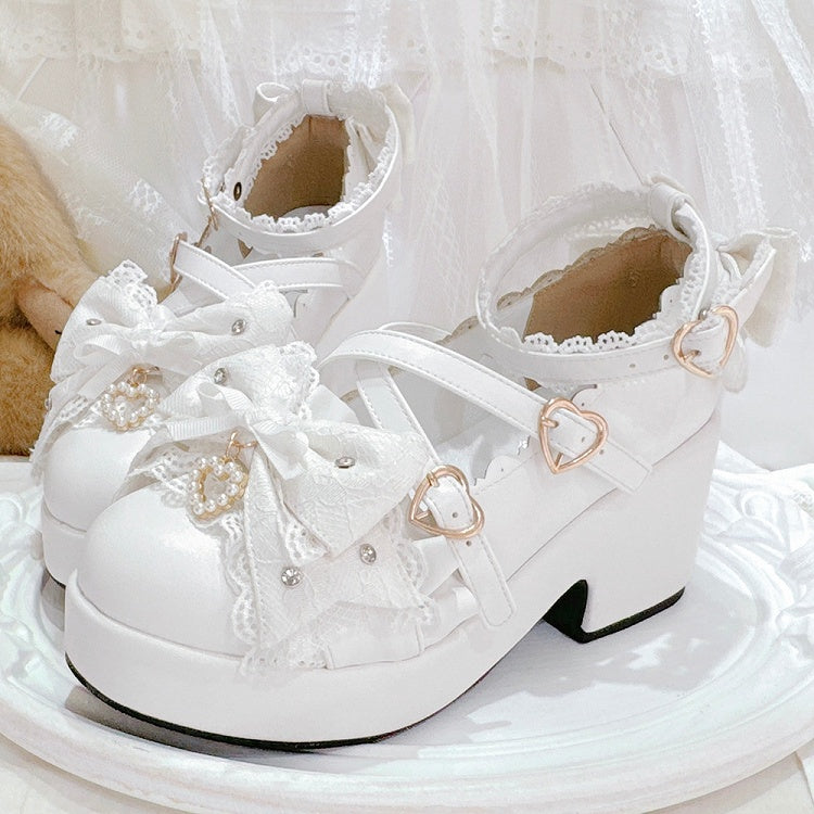 Block Platform White at Top Shoes Buckles Bow Heart Heels Jirai Kei Crisscross Design High