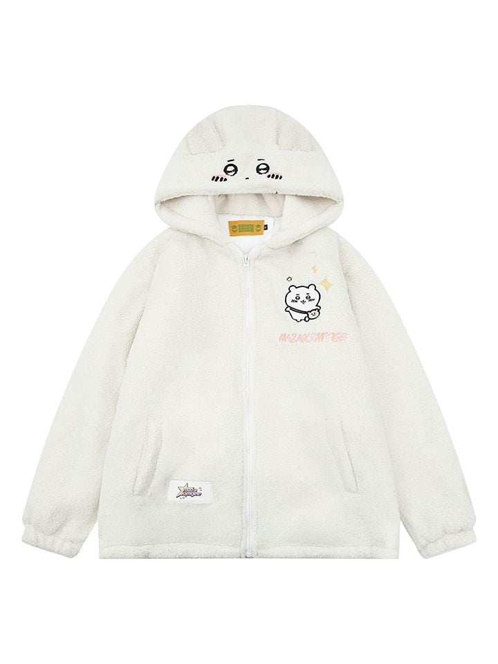 Fleece Cartoon Weiß Hamster Mantel Ohren Mit Kapuze Druck