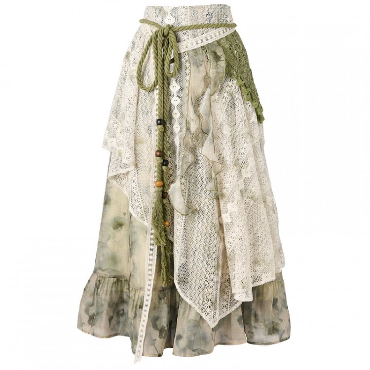 Dye Lace Patchwork Design Long/Short Tie Skirt Version Kei Green Mori