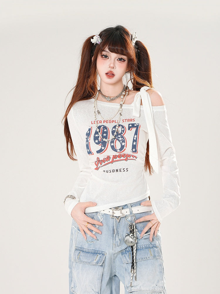 Asymmetrical Neckline Top Vintage Number Print Blue/White/Black