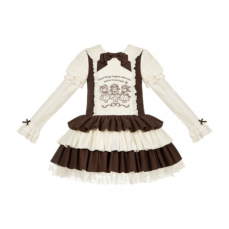 Bunny and Embroidery Tiered Dress Lamb Dropped with Waist Brown Hem Beige Lolita