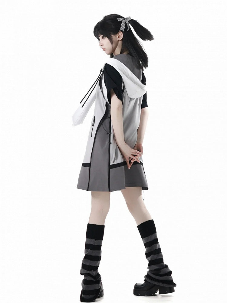 Dress Side Techwear Kapuzenweste Grau Colorblock Design Kordelzug