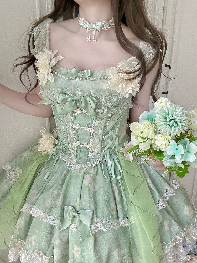 Green Top Frog Buttons Print Corset Skirt + and Jasmine-Embellished Floral Waist Lolita