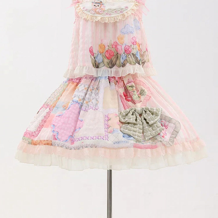 Cottagecore Patchwork Print Sweet Lolita Skirt with Detachable Straps Short Version