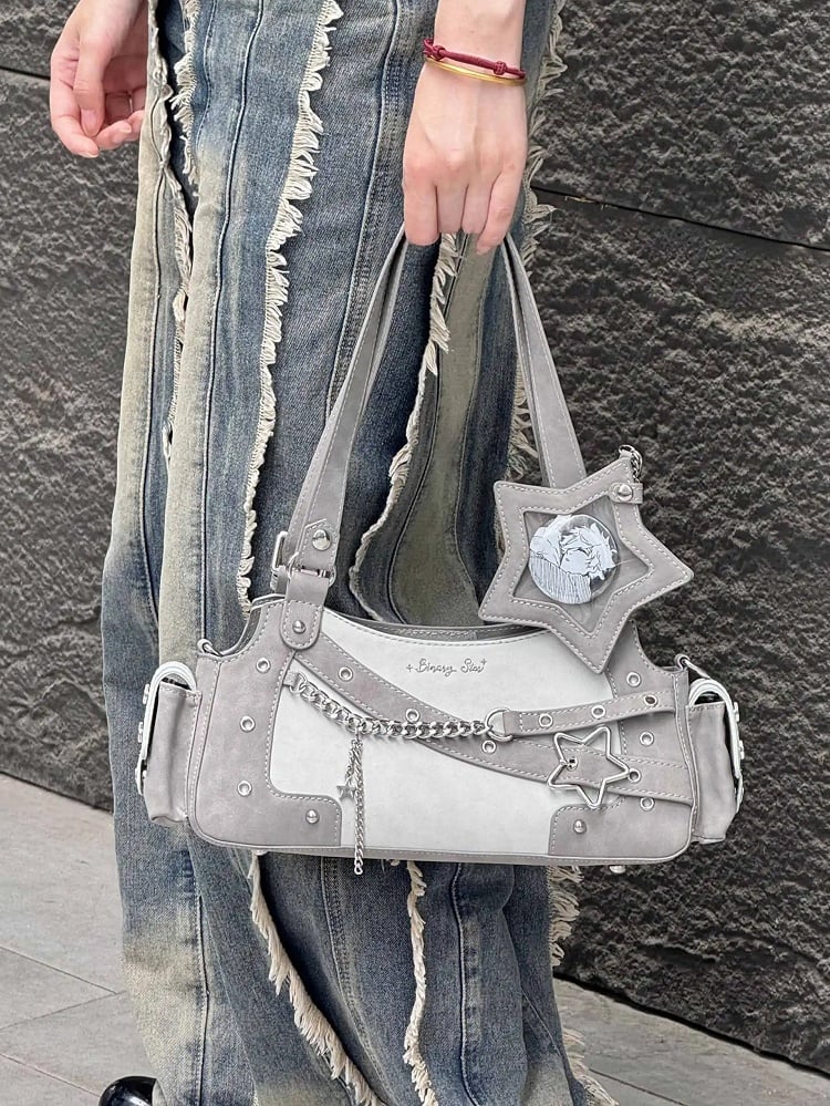 Graue Y2K Ita Star Schultertasche aus PU mit Charm