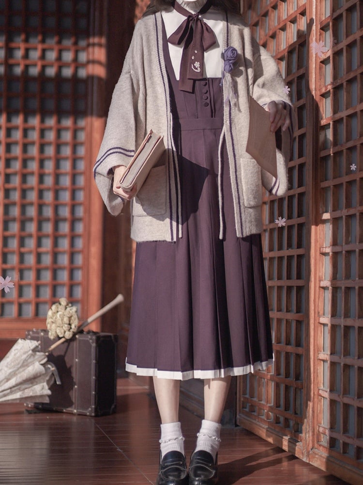 Purple Embroidery Floral Dusty in with High Waist Box Pleat Overall Dress
