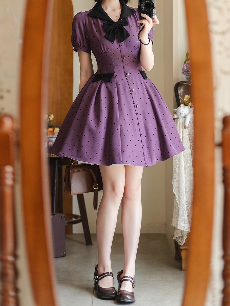 Pattern Black Purple Dress Small Retro Sleeves Puff Heart-shaped Fashion