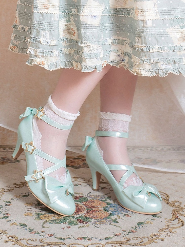 Riemen – Süße 6,5 cm Schleife Lolita Crisscross mit Sternschnalle Stil Absatzschuhe Grüne Akzente