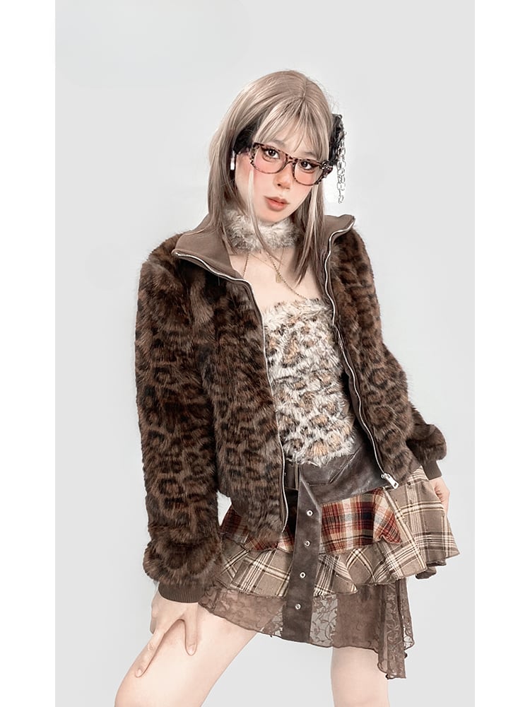 Gyaru Kaffee Leopard Plüschjacke