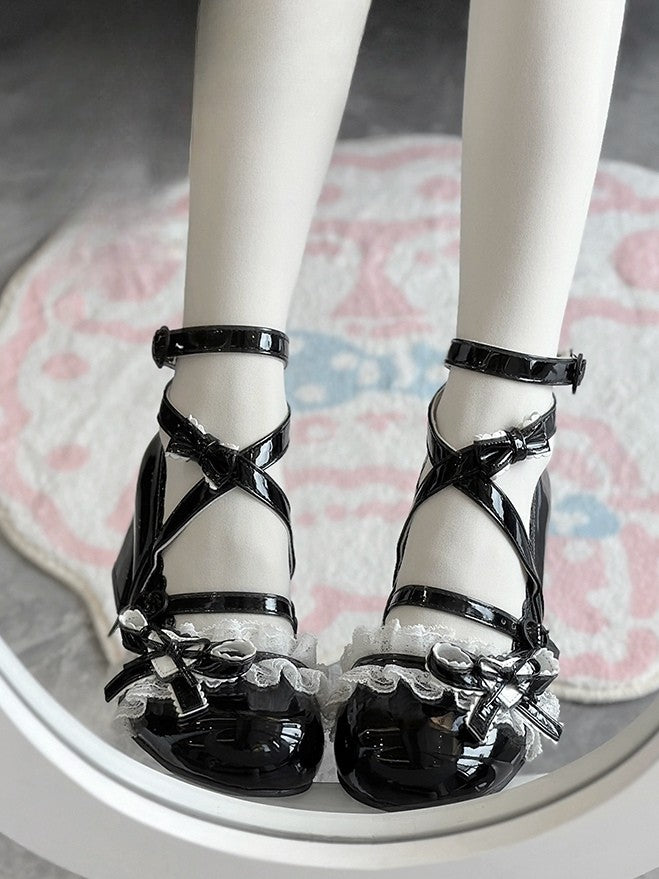Leather Ruffles Lolita Double with Top PU Black Heels Fashion Block Lace Shoes High
