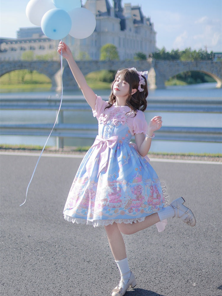 ネックラインデザイン リボン ブルー耳 スイートロリータドレス JSK 愛らしいマウスプリント マウス ビッグ