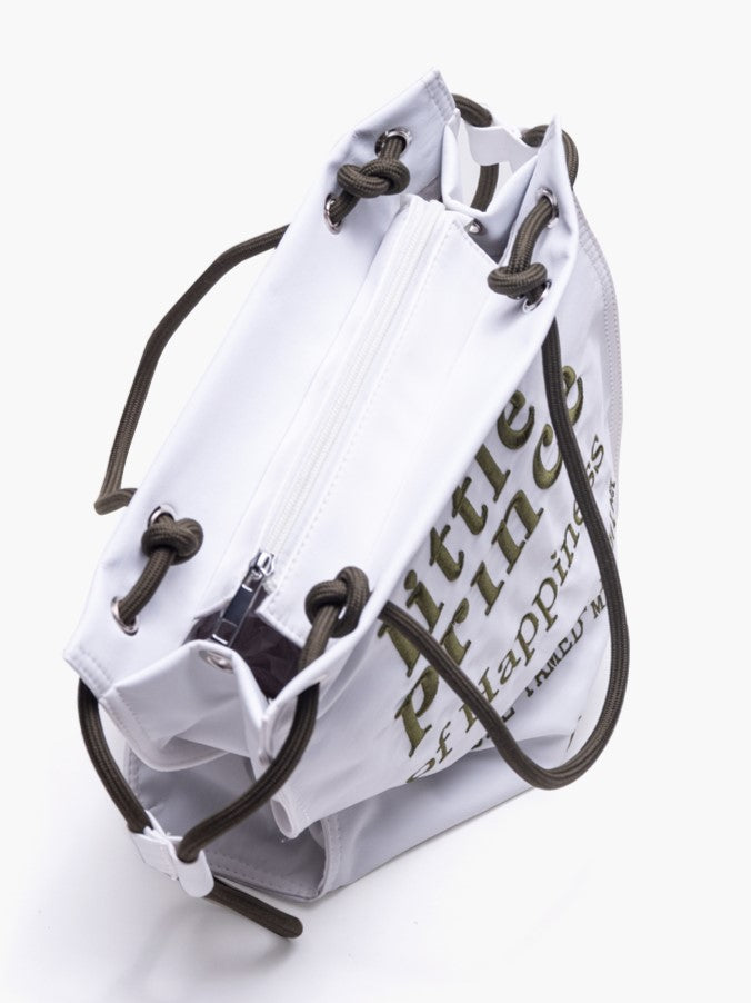 Tote Bag with Zipper Closure And Drawstring Strap Chic White Green Alphabet Embroidery
