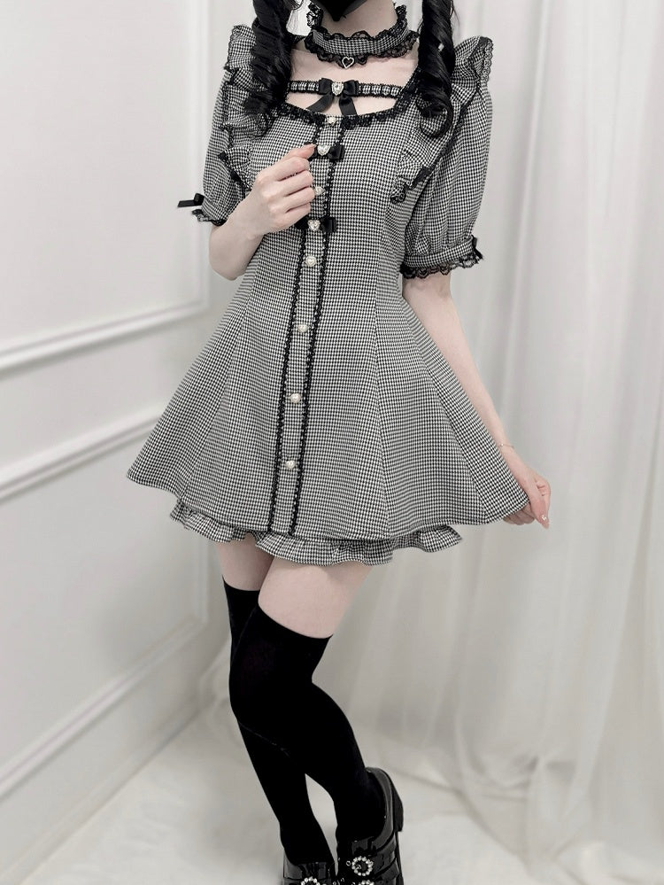 Set - Flutter Sleeves Self-tie Bow Back Mini Dress + Shorts Houndstooth Jirai Kei + Choker