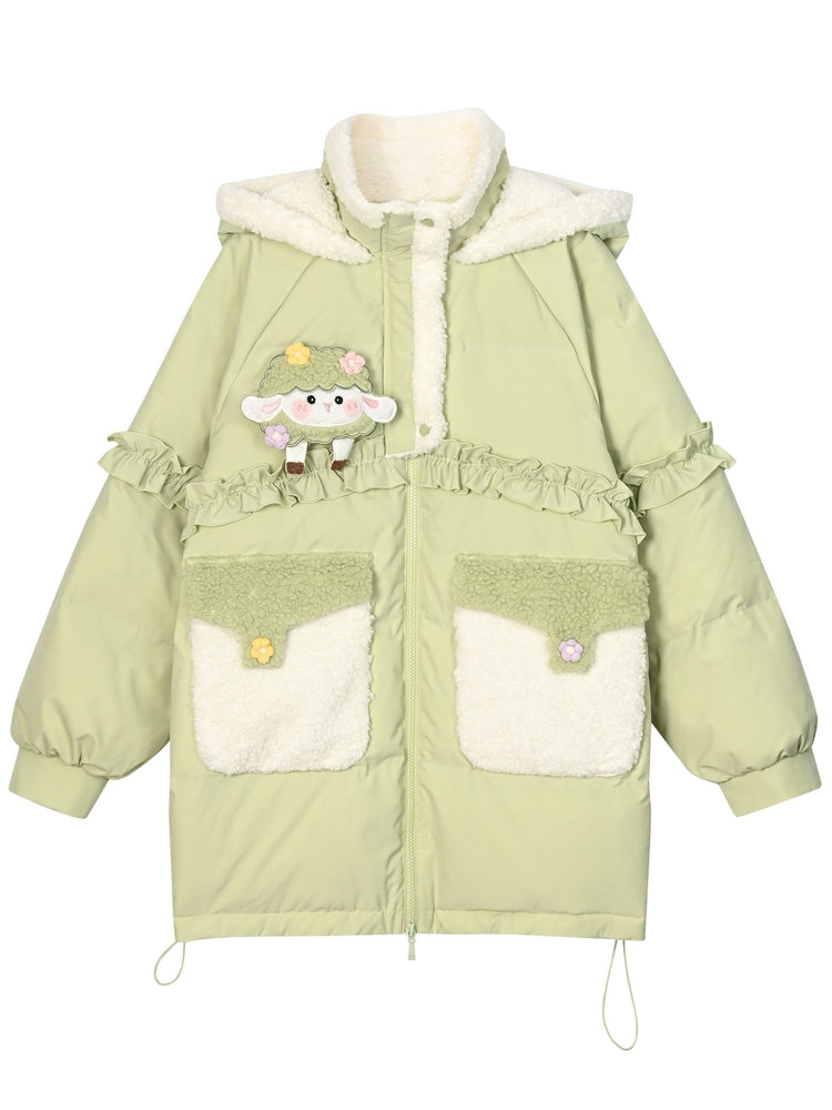 Green Cute Lamb Adorned Hooded Down Coat Ruffle Trim