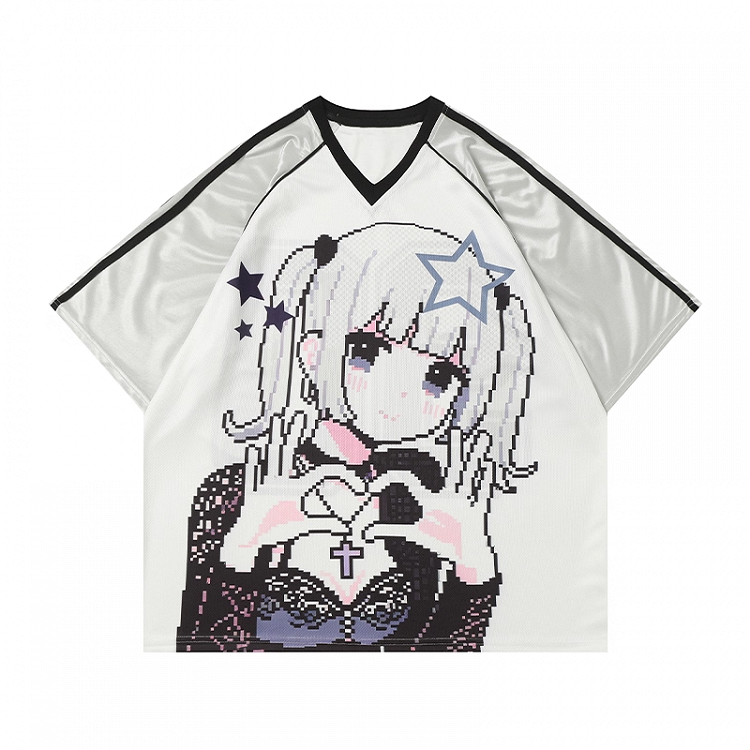 Cartoon Girl Print Black/Blue/Purple T-shirt Vintage V-neck Loose