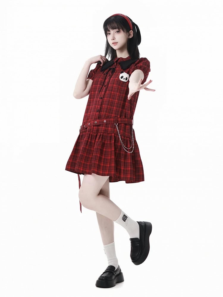 Buckle Plushie and Belt with Panda Red Black Puff Sleeves Plaid Dress