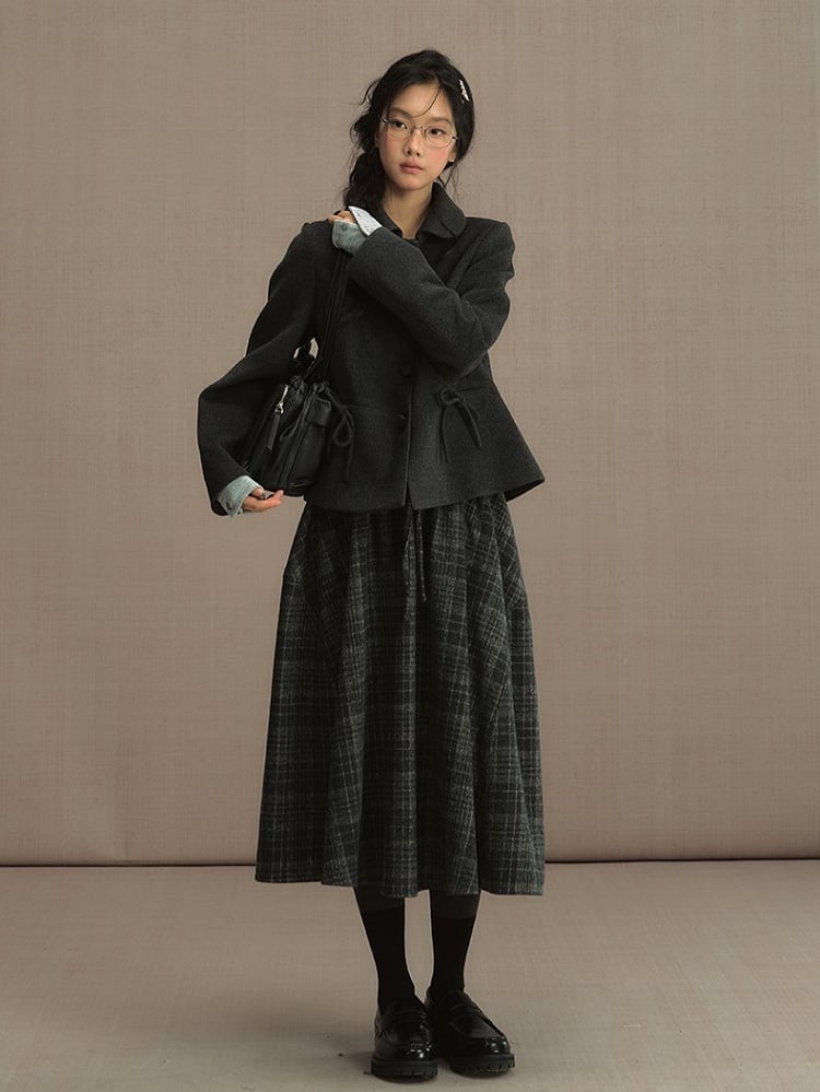 Gray Elastic Waist Tweed Plaid Tea Length Skirt