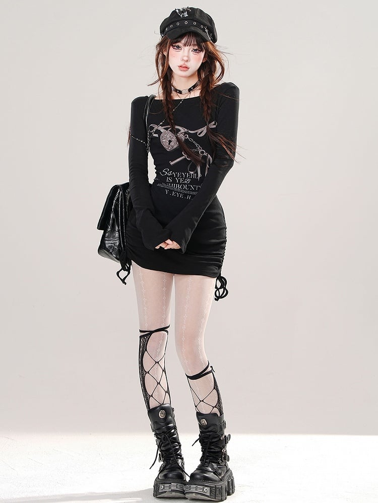 Black Print Lock Heart Dress Drawstring Mini Skirt