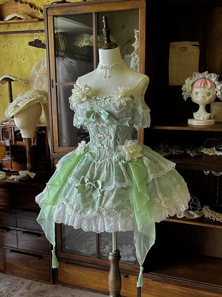 Green Top Frog Buttons Print Corset Skirt + and Jasmine-Embellished Floral Waist Lolita
