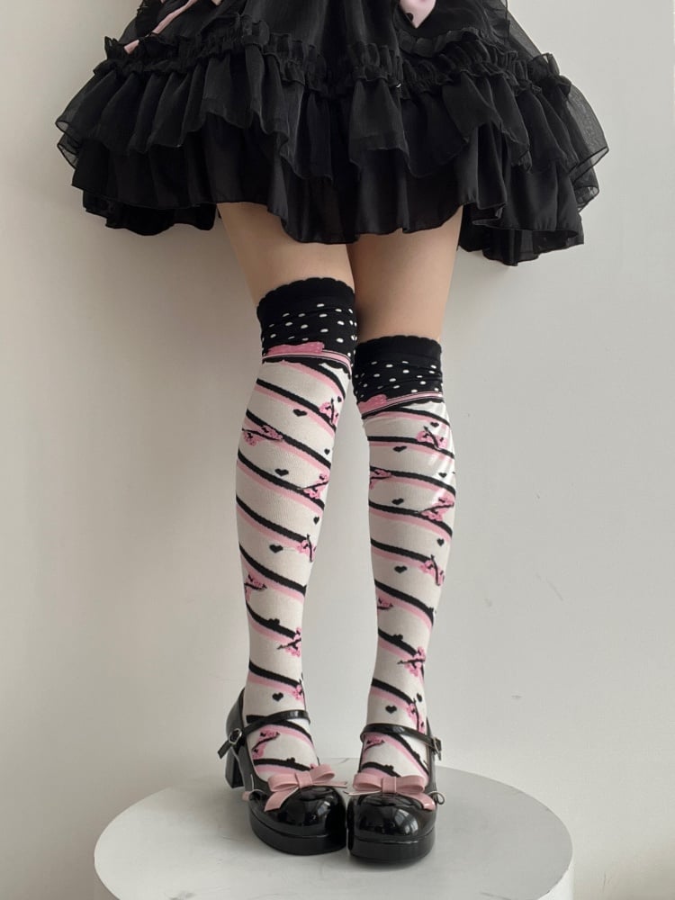 Little Candy Cotton Over-the-Knee Stockings - Black and Pink Stripes